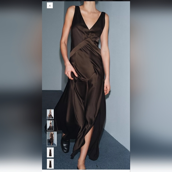 Satin V-Neck Brown Slip Dress - Picture 7 of 12